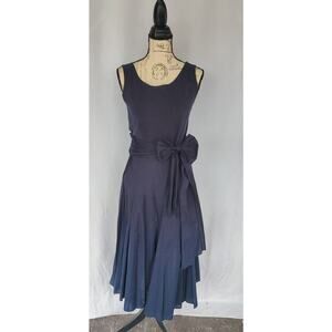 MSK‎ Navy Belted Midi Dress Size 8 Sleeveless Mix Media